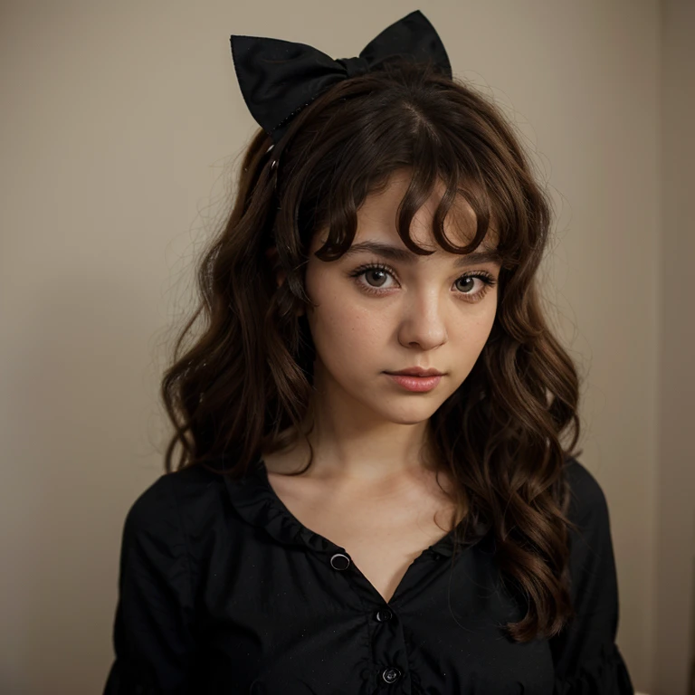 Cute girl.With brown hair.Brown eyes.In a black dress in the style of Lolita.Curly hair.Bows in the hair.