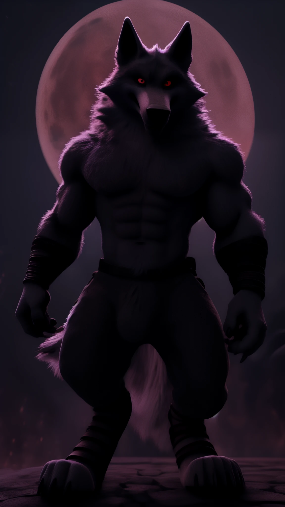 The ultimate death wolf male muscular Shiny eyes Red moon in the background by terabruno