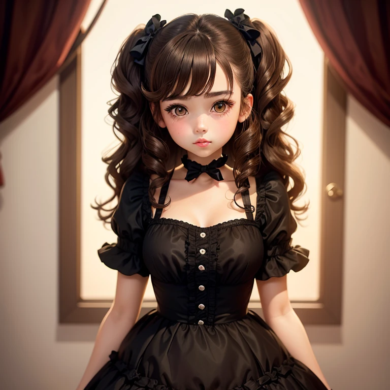 Cute girl.With brown hair.Brown eyes.In a black dress in the style of Lolita.Curly hair.Bows in the hair.