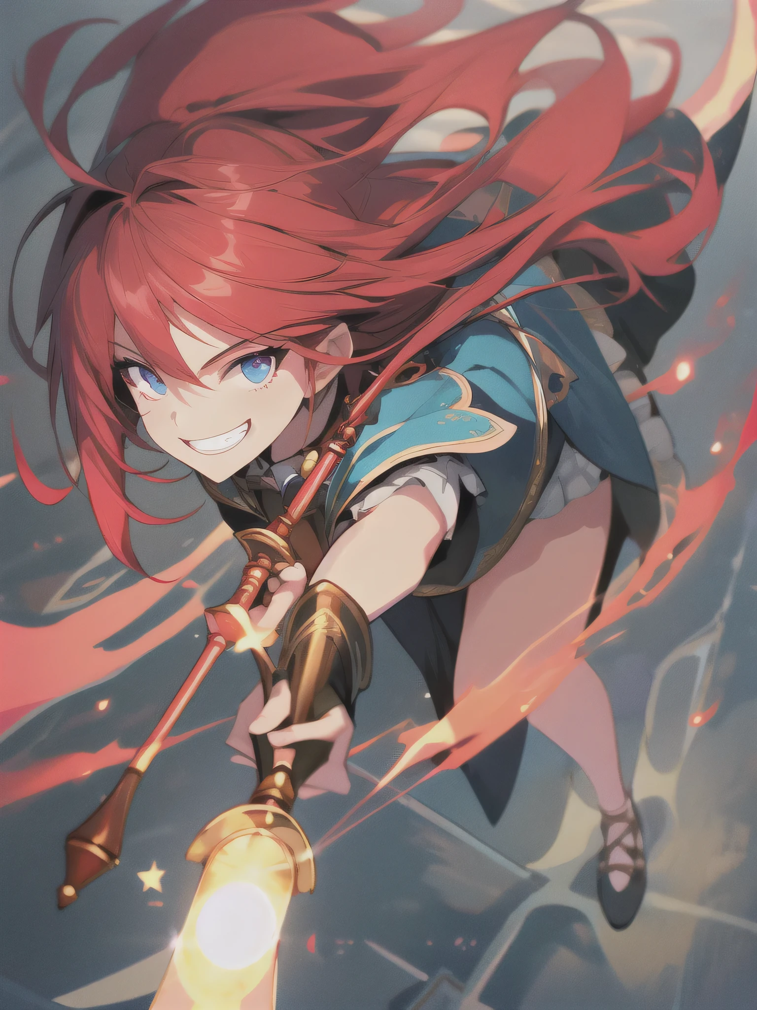 (best quality),(ultra detailed),(extremely detailed),(absolutely resolution) ,solo, absurdres,8k, 1girl,full body,  wizard, holding magician's staff, grin, ultra detailed eyes, long hair, messy hair, (red hair:1.2), 