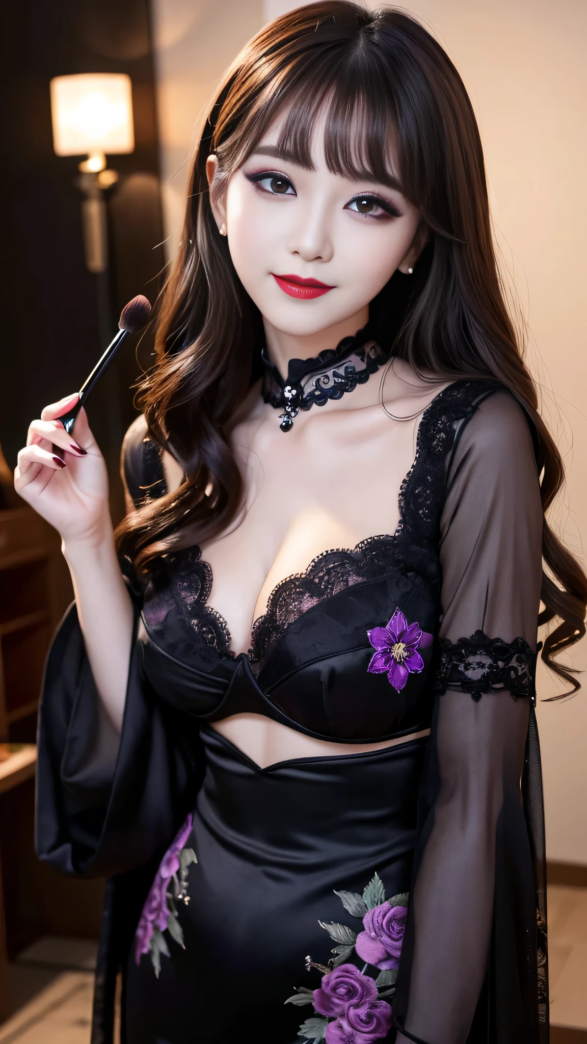 best quality、ultra-detailed、4k、Japanese、Seductive beauty、seductive adult woman、Pretty Woman、cool girl、Villainess、Brainwashed、brainwash、Fallen into evil、smirk、Evil look、Wicked Smile、evil、Brown hair、wavy hair、swept bangs、dark makeup、dark makeup、piercing eyes、hollow eyes,half-closed eyes、Hollow Eyes、Purple Eyeshadow、black lipstick、black lipglos、Long Black Cheongsam、Wide sleeves、night、inside room、makeup brush
