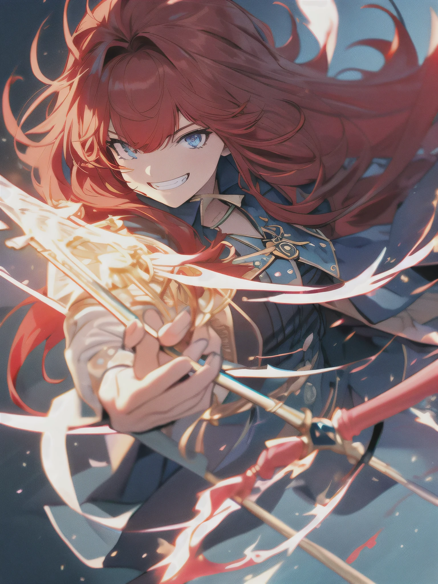 (best quality),(ultra detailed),(extremely detailed),(absolutely resolution) ,solo, absurdres,8k, 1girl,full body,  wizard, holding magician's staff, grin, ultra detailed eyes, long hair, messy hair, (red hair:1.2), 