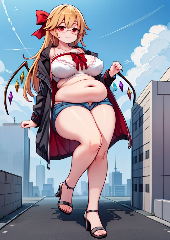 (masterpiece, best quality, highly detailed), 1girls, big belly, huge belly, art by kipteitei, round belly, chubby, curvy, belly grab, enormous belly, fat belly, thicc, bigger belly, really big belly, jiggly belly, glasses, unzipped jacket, (no shirt), bra, thight shorts, high heels, smug face ((full body)), long hair, ((dominant)), (((mommy))), (giantess), Flandre scarlet