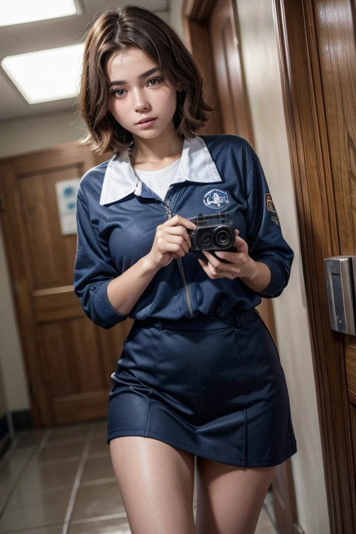 18 year old girl short brown hair, uniforme escolar azul sexy, con una pistola en las manos 
