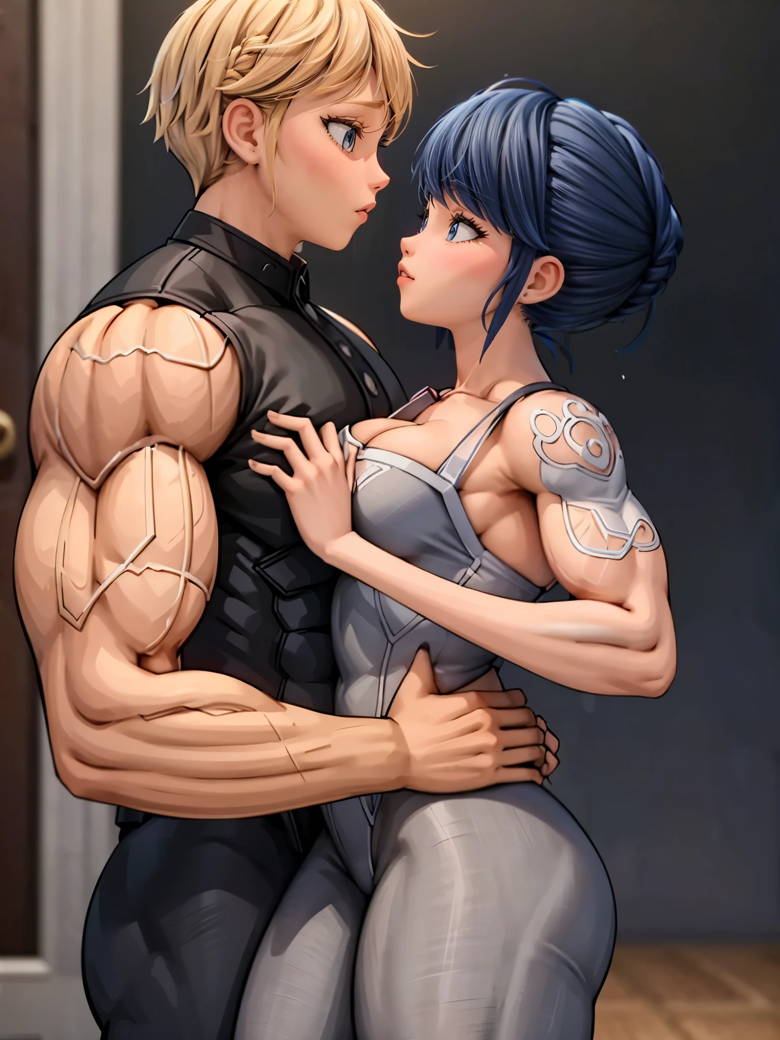 (girl and boy:1), smiling, ((high resolution illustration)), ((extremely detailed)), (couple), Marinette, (Adrian), (best quality,4k,8k,highres,masterpiece:1.2), ultra-detailed, realistic:1.37, HDR, studio lighting, extreme detail description, professional, vibrant colors, bokeh, (muscular female bodybuilder), detailed lips, strong embrace, romantic scene, intimate moment, intense passion, athletic bodies, fitness couple, gym background, muscular definition, sculpted muscles, sweat glistening, powerful kiss, muscular arms, loving couple, bodybuilding lifestyle,blonde hair boy kissing his big muscle girlfriend, skinny blonde green, eye's boy boy, big muscle blue hair, blue eye's girl.