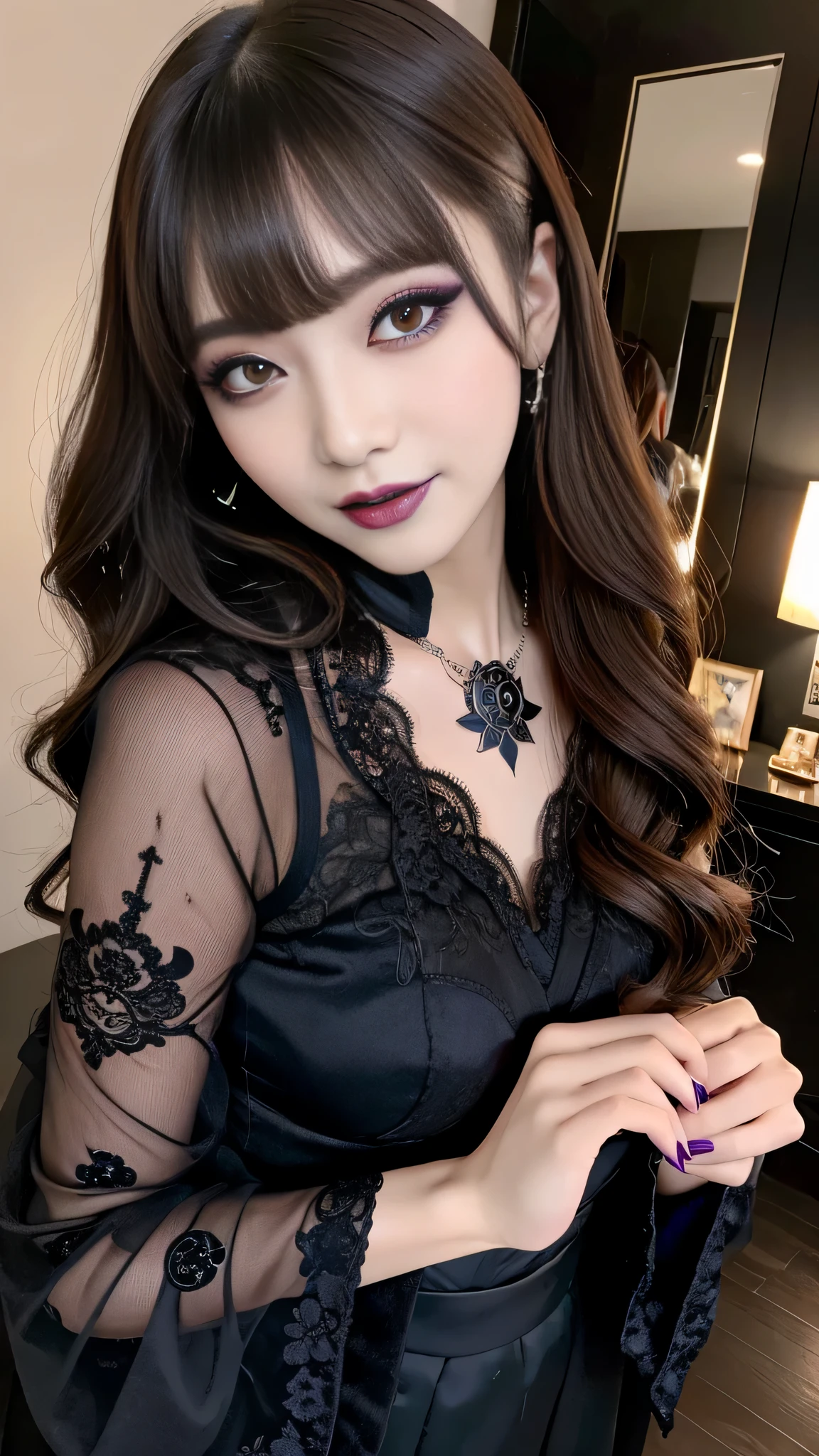 best quality、ultra-detailed、4k、Japanese、Seductive beauty、seductive adult woman、Pretty Woman、cool girl、Villainess、Brainwashed、brainwash、Fallen into evil、smirk、Evil look、Wicked Smile、evil、Brown hair、wavy hair、swept bangs、dark makeup、dark makeup、piercing eyes、hollow eyes,half-closed eyes、Hollow Eyes、Purple Eyeshadow、black lipstick、black lipglos、Long Black Cheongsam、Wide sleeves、night、inside room、makeup brush、Are standing