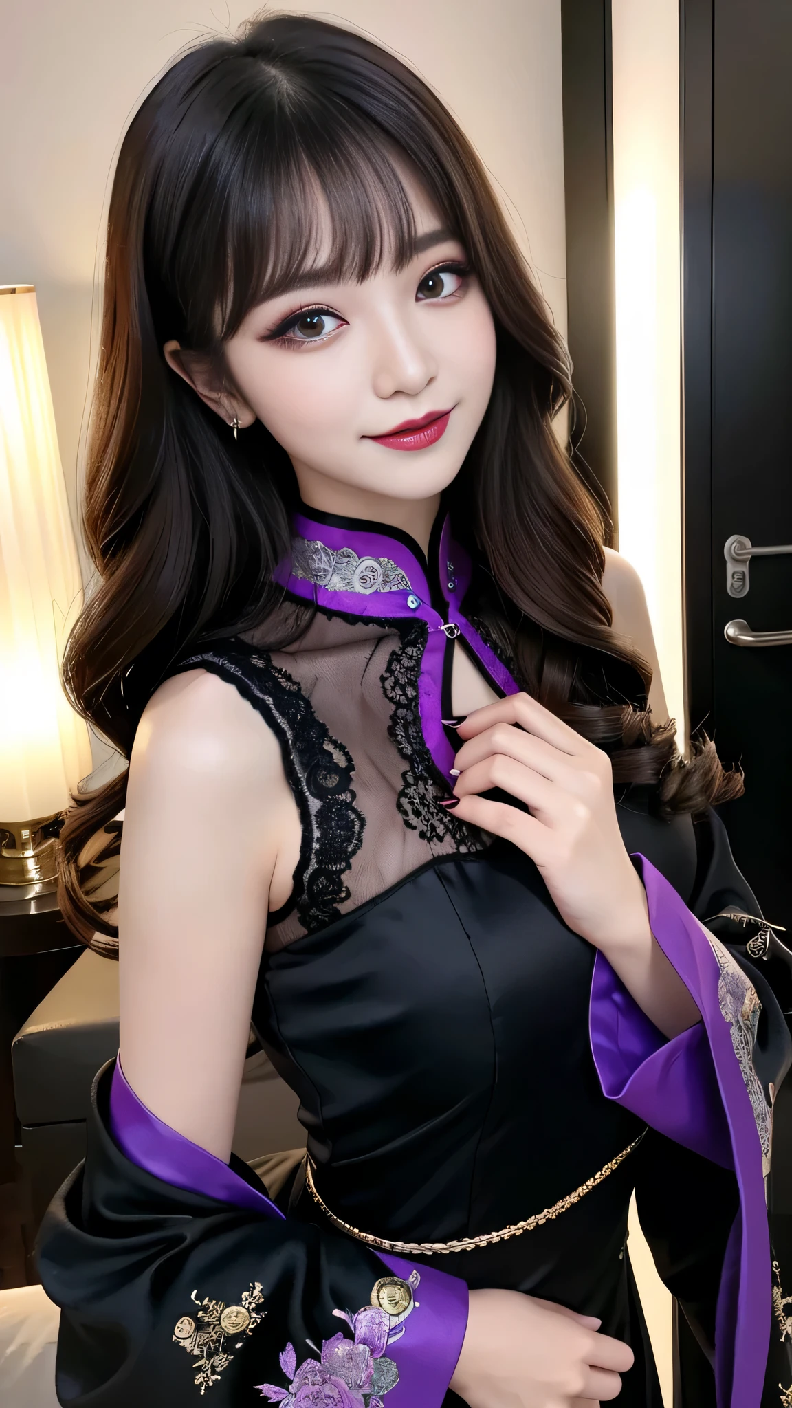 best quality、ultra-detailed、4k、Japanese、Seductive beauty、seductive adult woman、Pretty Woman、cool girl、Villainess、Brainwashed、brainwash、Fallen into evil、smirk、Evil look、Wicked Smile、evil、Brown hair、wavy hair、swept bangs、dark makeup、dark makeup、piercing eyes、hollow eyes,half-closed eyes、Hollow Eyes、Purple Eyeshadow、black lipstick、black lipglos、Long Black Cheongsam、Wide sleeves、night、inside room、makeup brush、Are standing