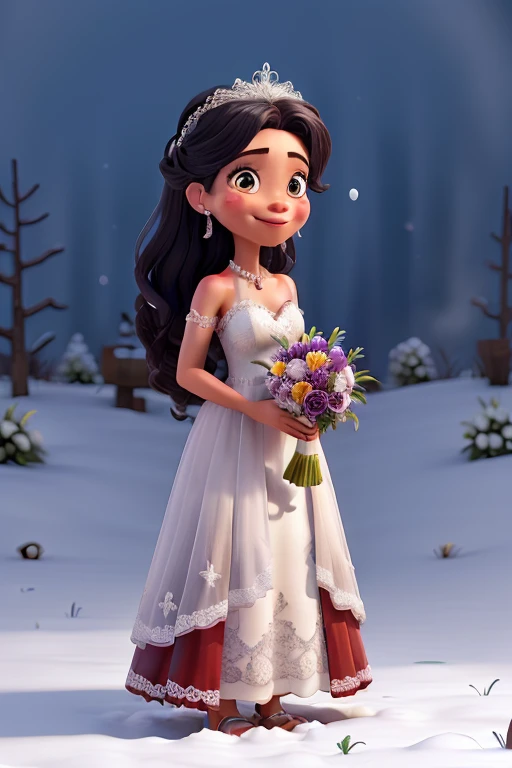 Uma garota de cabelo vermelho, com olhos azuis, usando batom preto, wearing a wedding dress and holding a bouquet of lilies in a snow-covered field