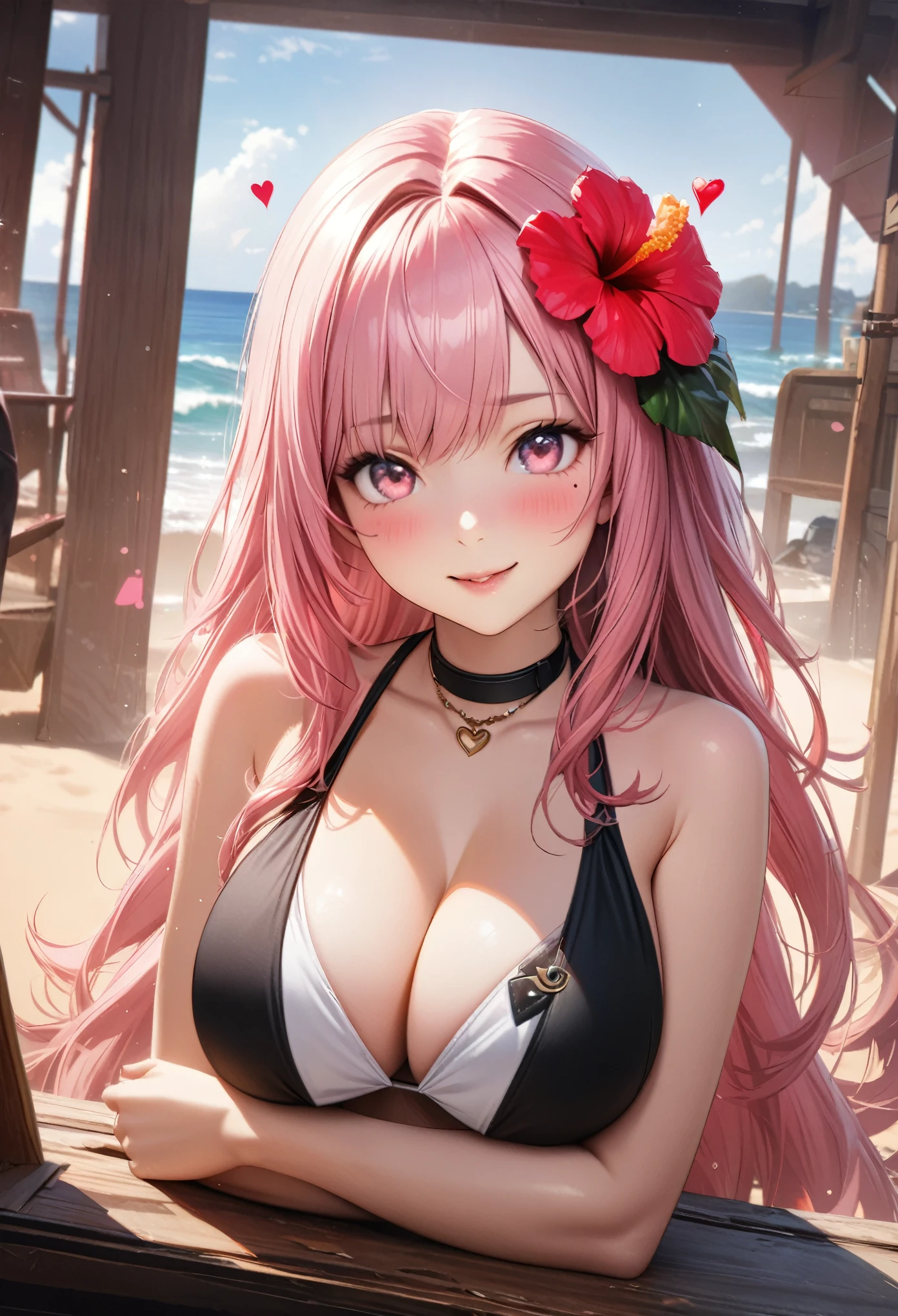 masterpiece, highest quality, Very detailed, High resolution, An expensive solution, High resolution, 4K, 8k, unity 8k wallpaper, Very detailed CG, masterpiece, Realistic、 Beautiful details, depth, Fine texture, highest quality: 1.3, Total concentration, Crisp skin, he, Very cute anime, Cute like an idol, expensive pink long hair, One Girl,bikini、Large Breasts、Sandy Beach, Hibiscus Hair Accessories, smile、long pink hair, whole body, Mole under the eye, Line Sight, expensive, blush, Lips parted, heart, Pink Eyes, choker