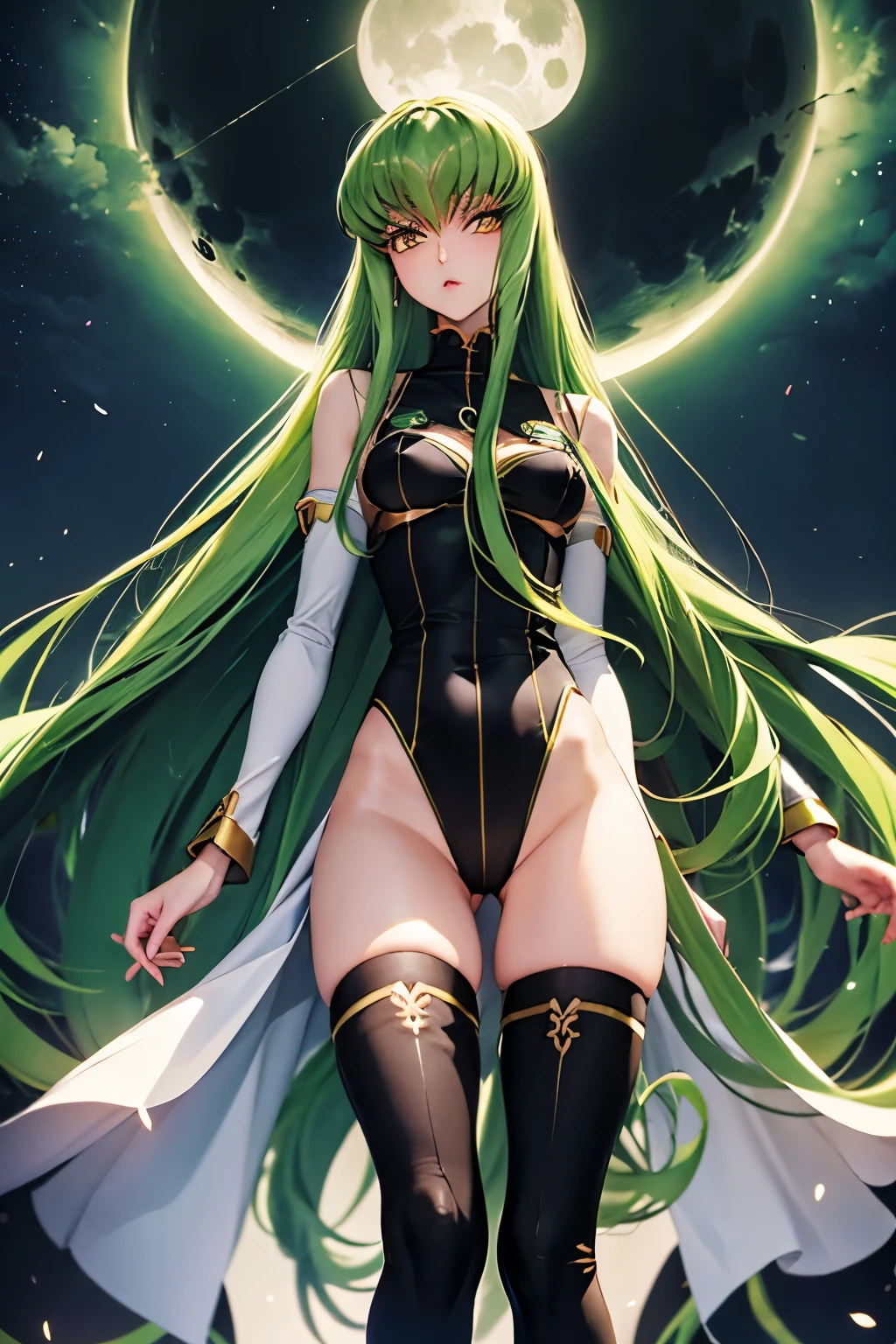 C.C、Code Geass、Green Hair、Long Hair、((Thigh-high socks))、Photo from below、Medium chest、full moon、((Black Knights Clothing))、howing