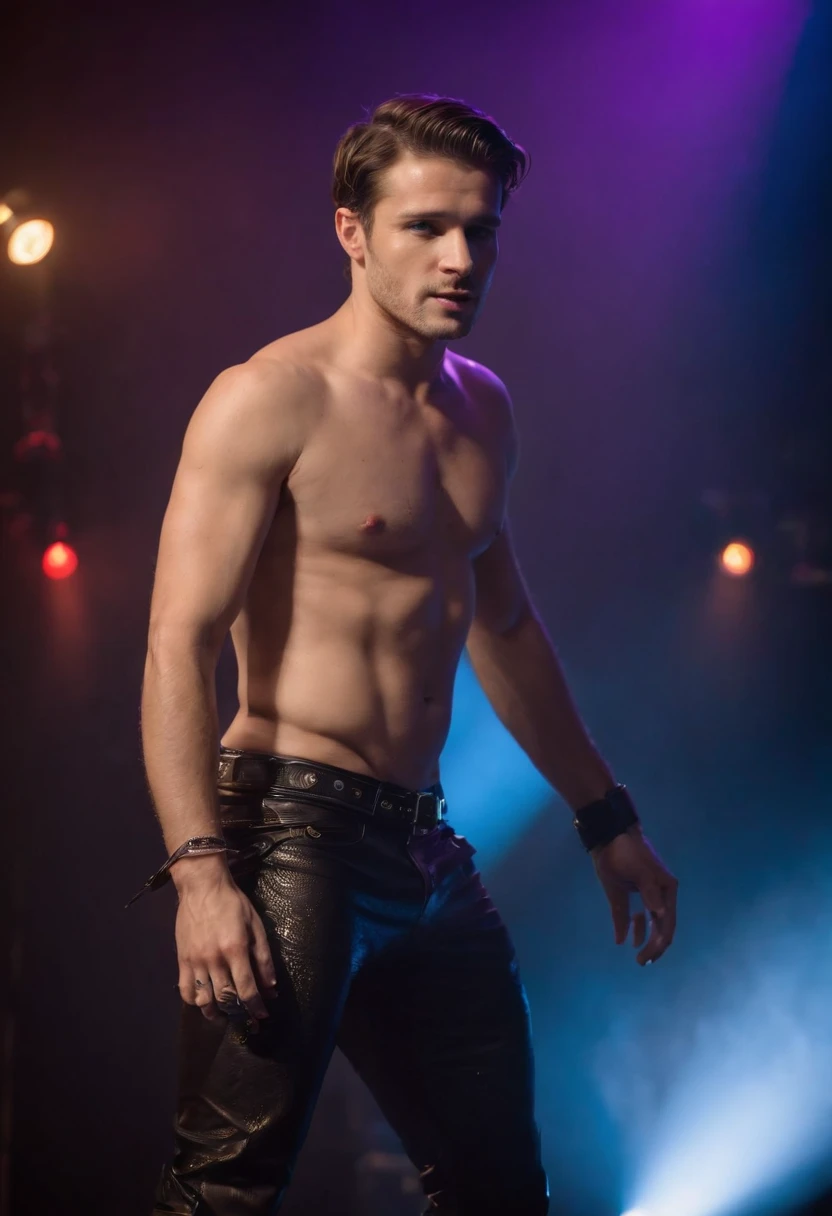 Very handsome 30-year-old man dances suggestively and erotically on a stage of a gay nightclub, practically naked he wears a blue and black thong with holes, and a fetish leather harness, large bulging crotch, he is all wet. Her hair is very short, wavy, brunette, with a ring in one ear.