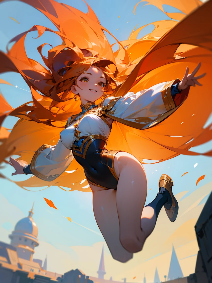 (masterpiece, best quality, highly detailed, UHD), woman, jumping above the ground, wide smile, generous body, orange long hair flowing with the wind, fantasy