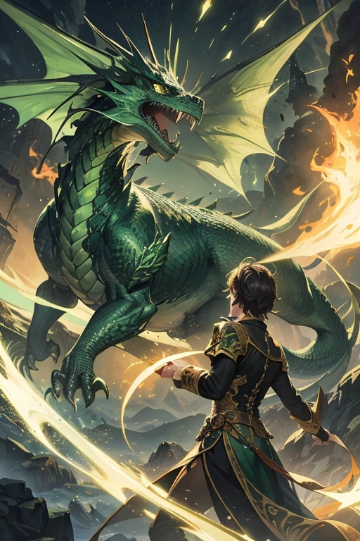 Close-up of a man standing next to a dragon, colossal dragon in background, by Yang J, Dragon in the background, colossal dragon as background, massive green dragon!!!, yiqiang and shurakrgt, 2. 5 D CGI anime fantasy artwork, Ruan Jia and Artgerm, Green Dragon, shadowverse character concept, human and dragon fusion