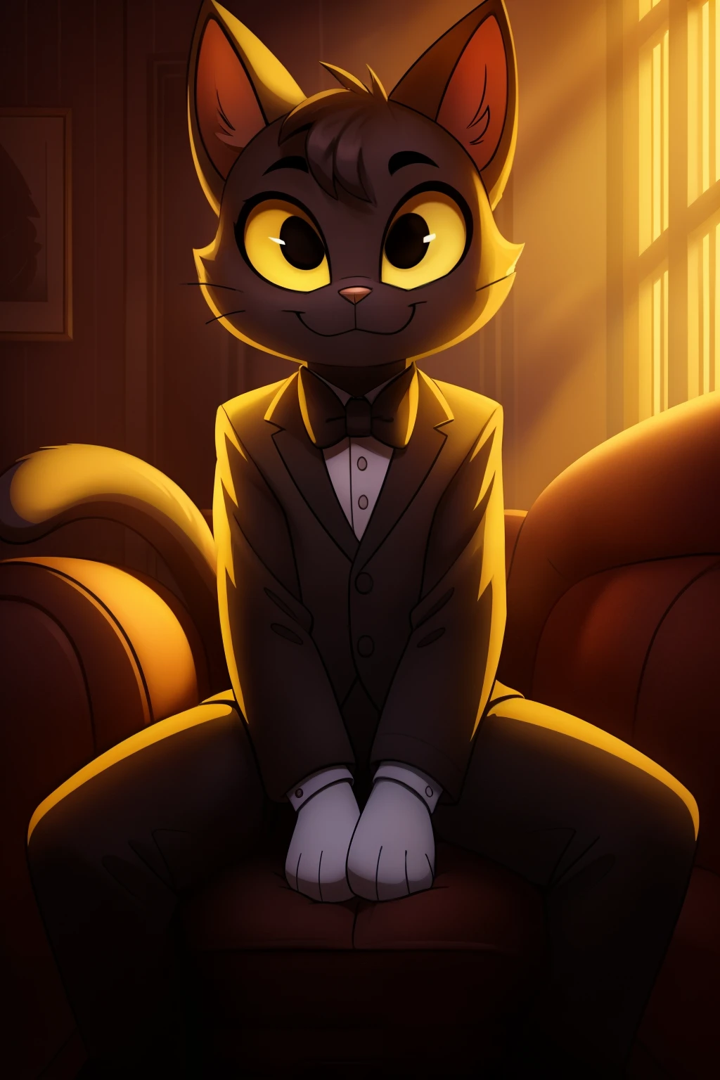 (ultra detailed), a beautiful and captivating full-size portrait of Sammy Lawrence, transformed into an anthro cat, Bentho, from Bendy and the Ink Machine. Bentho is depicted with Bendy's signature purple bow tie and mischievous grin, sitting calmly on a plush armchair. The cat's ears are pointed and twitching, displaying a keen sense of alertness. Bentho's expressive eyes, filled with curiosity, gaze directly at the viewer, inviting them into a world of imagination. Cenematic lighting illuminates the scene, casting intriguing shadows on the walls and adding depth to the intricately detailed background.