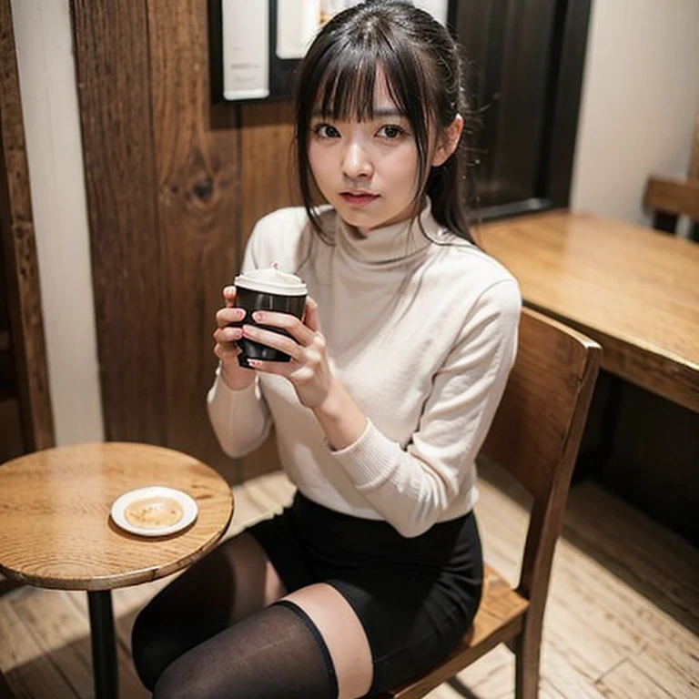 芝生の上に座ってDrinking coffee女性がいます, At the coffee shop, sitting in a cafe, sitting in a cafe alone, Drinking coffee, Drink coffee, Mysterious Coffee Shop Girl, in white turtleneck shirt, At the coffee shopコーヒーを楽しむ, Japanese Girls, 8k)), Sitting alone in a café, Drink bubble tea、(black tights、thin tights)