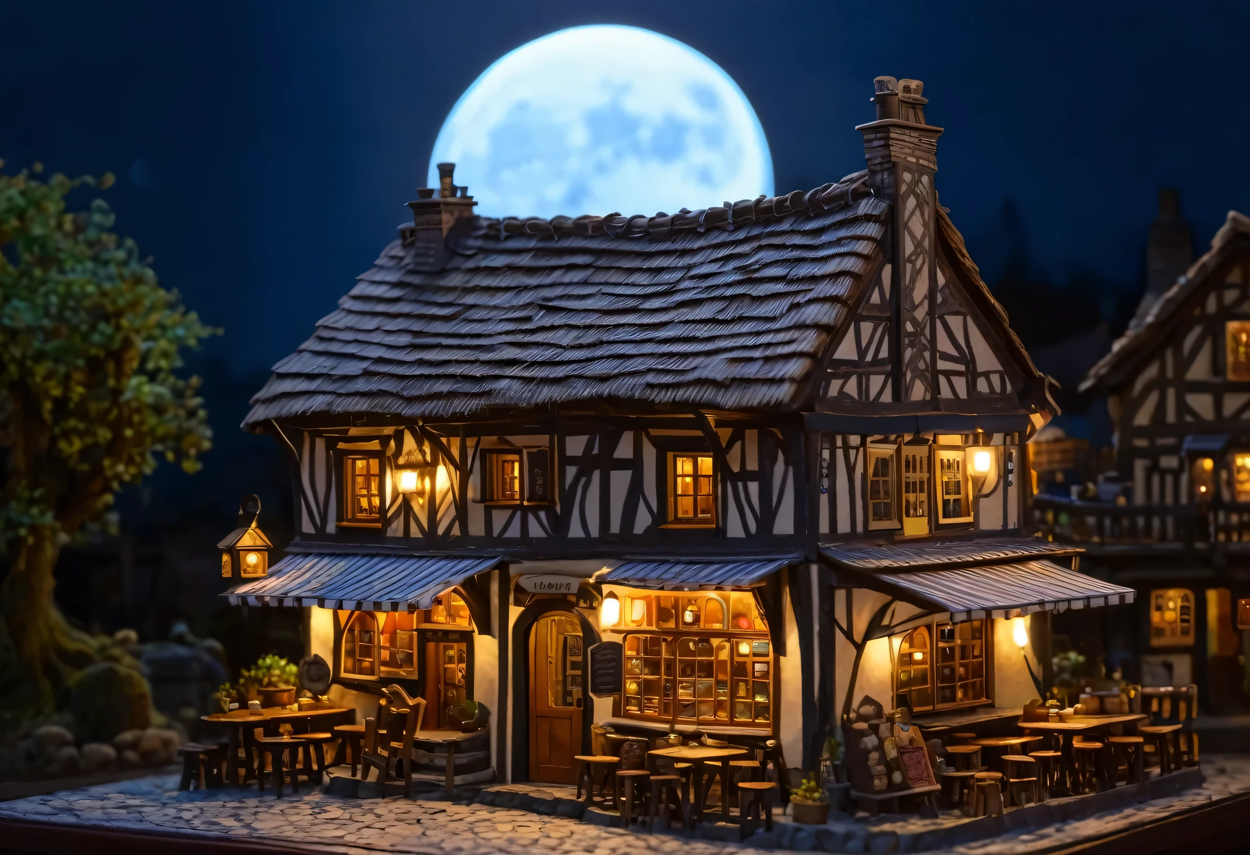 a close up of a miniature house with a full moon in the background, a multidimensional cozy tavern, dimly-lit cozy tavern, miniature cafe diorama, dimly lit cozy tavern, fantasy tavern background, medieval tavern, beautiful detailed miniature, fantasy bakery, cozy cafe background, taverns nighttime lifestyle, high detailed store, cosy enchanted scene, tavern background