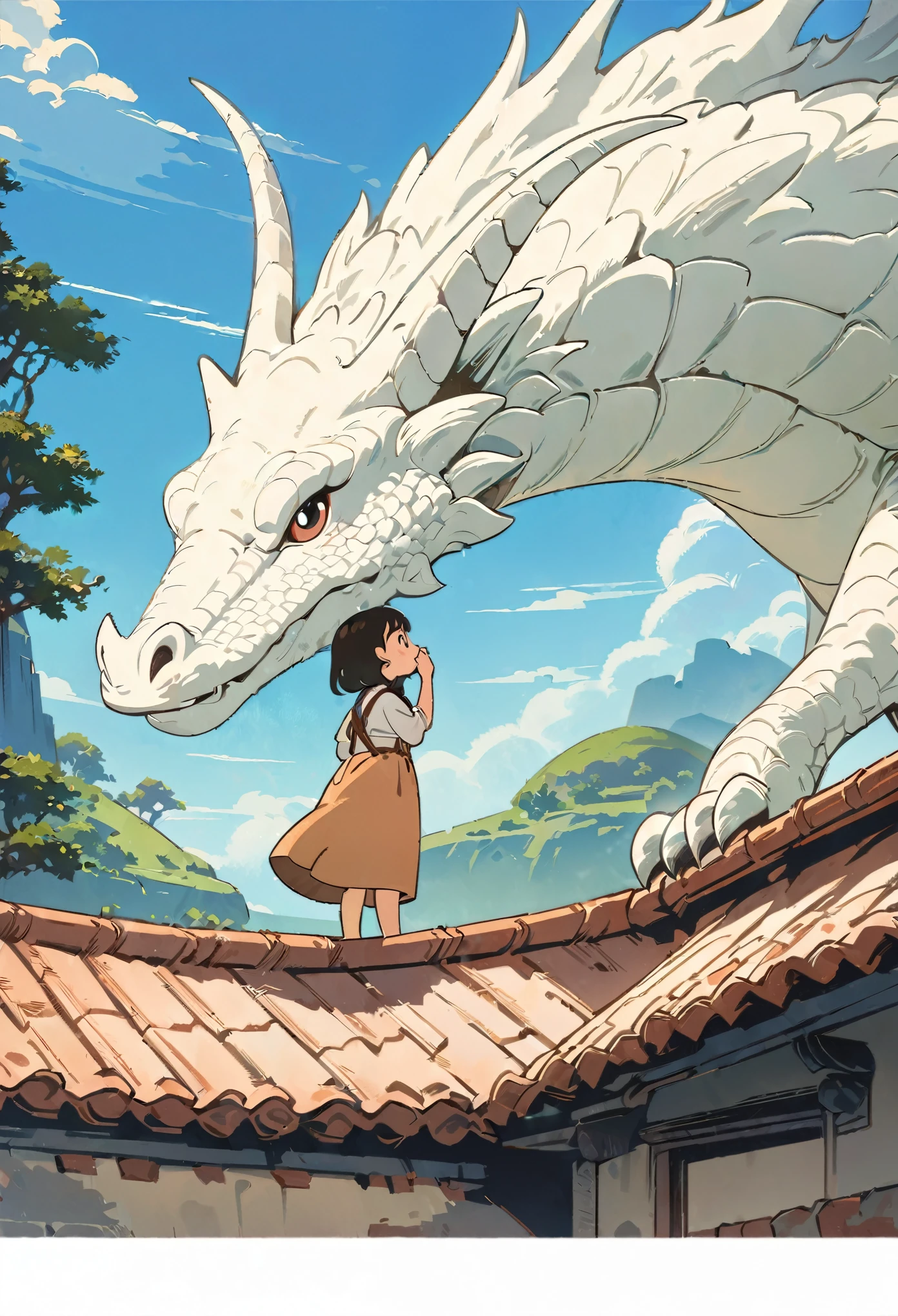 (Masterpiece, best quality, official art), Illustration of a girl standing on a roof, holding her hand up to touch a white dragon's nose, in the style of Ghibli, gongbi painting style, flat illustration, simple, cute, fantasy background, full body shot, wide angle view, blue sky, high resolution, high details, high quality.