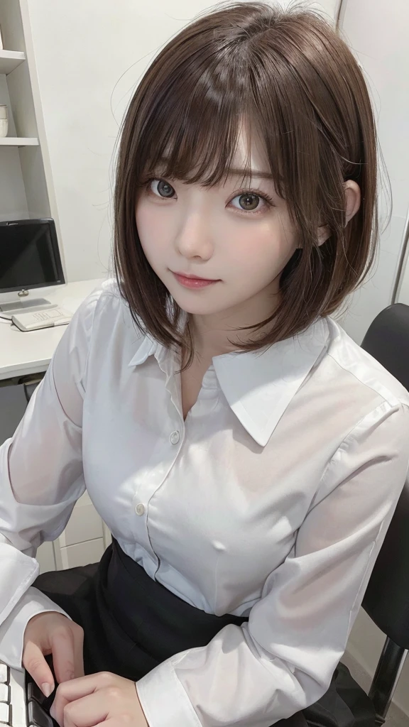 Tabletop, highest quality, Very detailed, finely, High resolution, 8K Wallpaper, Perfect dynamic composition, beauty、、Tap on the shoulder、Beautiful and detailed,Small face、Pure girl、thin、Thin body、thin、White business shirt、Natural color lip,office, Get to your desk、A lot of paperwork on the desk,、Operate a computer and do work、Hit the keyboard、My eyes are on the desktop、 brown hair、Short Bob、bangs、Beautiful breasts,thin体型、 Stern expression、