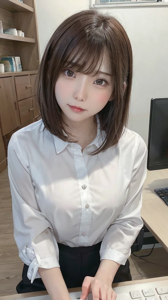 Tabletop, highest quality, Very detailed, finely, High resolution, 8K Wallpaper, Perfect dynamic composition, beauty、、Tap on the shoulder、Beautiful and detailed,Small face、Pure girl、thin、Thin body、thin、White business shirt、Natural color lip,office, Get to your desk、A lot of paperwork on the desk,、Operate a computer and do work、Hit the keyboard、My eyes are on the desktop、 brown hair、Short Bob、bangs、Beautiful breasts,thin体型、 Stern expression、