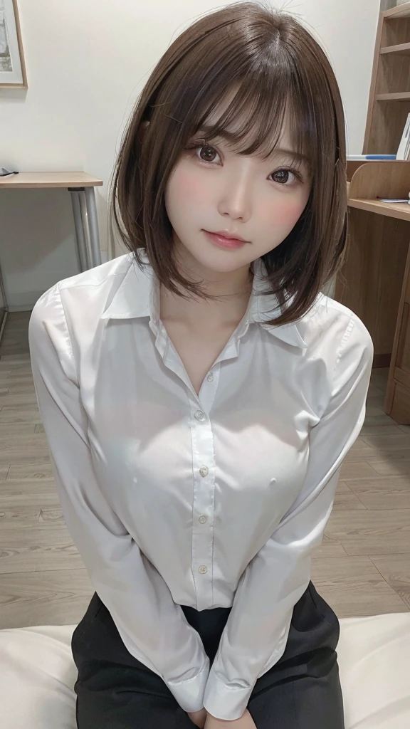 Tabletop, highest quality, Very detailed, finely, High resolution, 8K Wallpaper, Perfect dynamic composition, beauty、、Tap on the shoulder、Beautiful and detailed,Small face、Pure girl、thin、Thin body、thin、White business shirt、Natural color lip,office, Get to your desk、A lot of paperwork on the desk,、Operate a computer and do work、Hit the keyboard、My eyes are on the desktop、 brown hair、Short Bob、bangs、Beautiful breasts,thin体型、 Stern expression、