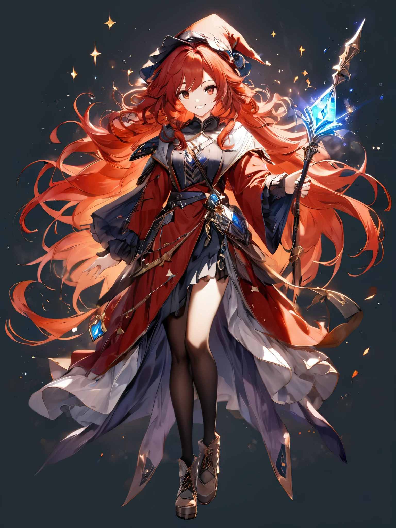 (best quality),(ultra detailed),(extremely detailed),(absolutely resolution) ,solo, absurdres,8k, 1girl,full body,  wizard, holding magician's staff, grin, ultra detailed eyes, long hair, messy hair, (red hair:1.2), 