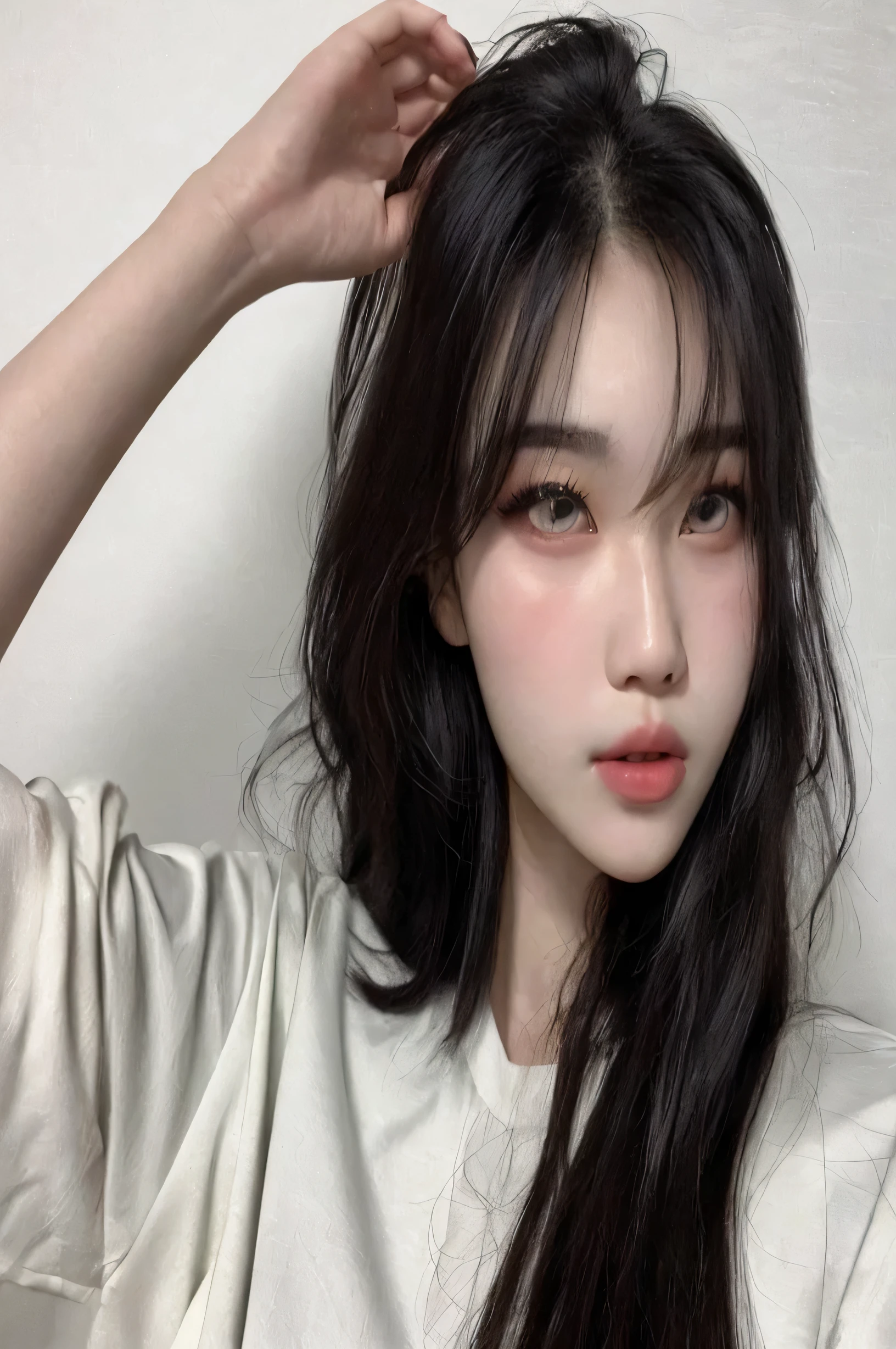 arafed woman with long black hair and a white shirt, ulzzang, korean face features, korean girl, beautiful south korean woman, beautiful aesthetic face, young adorable korean face, popular south korean makeup, korean symmetrical face, popular korean makeup, pale round face, beautiful japanese girls face, with round face, beautiful young korean woman, 🤤 girl portrait