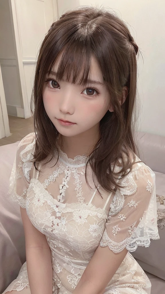 One Girl, (Beautiful girls, Delicate girl:1.3), (:1.3), break, (Floral Lace Dress:1.3), break, Very fine grain, (Symmetrical eyes:1.3), break, (Lie on the sofa:1.3), (Drunk, blush:1.2), perfectly trimmed fingers, break, Small breasts, Brown eyes, Parted bangs, brown hair, (Upper teeth, The best smile:0.6), break, (Eye and facial details:1.0), break, (masterpiece, highest quality, Ultra-detailed, Detailed face, 8K)