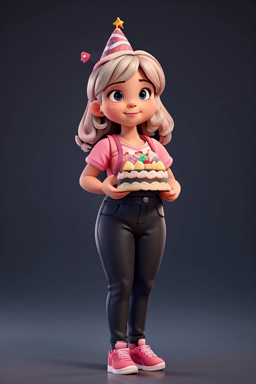 uma ''mulher'' chubby girl holding a birthday cake, com blusa rosa, black pants, 4K, high resolution, feliz, olhando para o norte, cabelo preto, olhos negros com um ''triangular birthday hat''