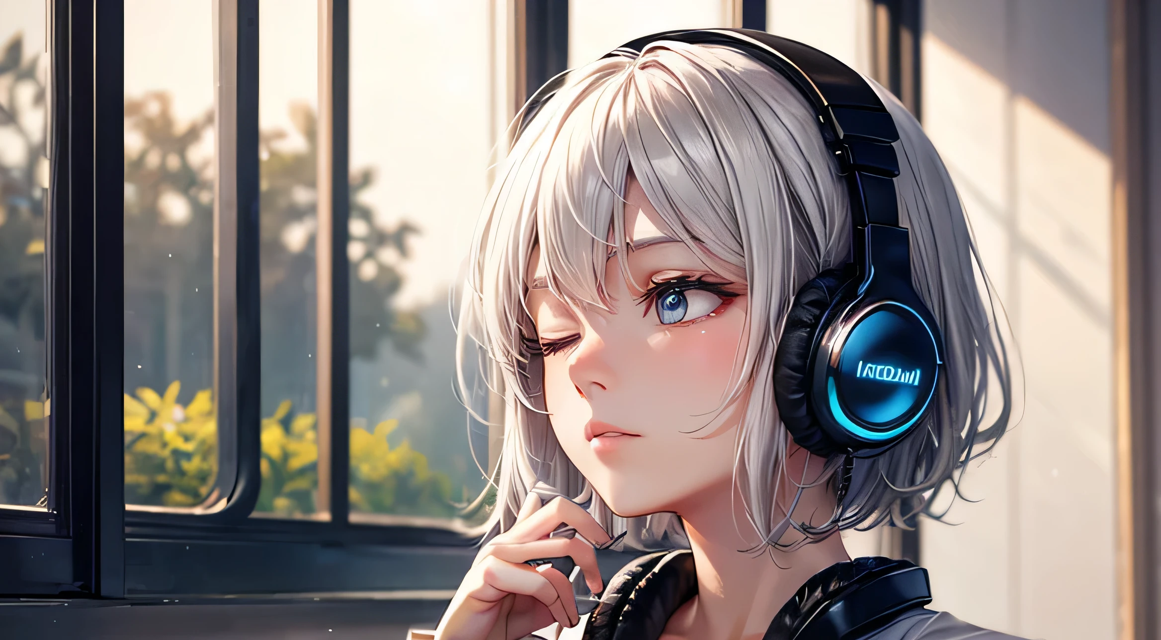 Woman with eyes closed Calm expression Gray Hair Very Short Hair Wearing headphones night moon Perfect facial expression Perfect hair description Depicting the upper body