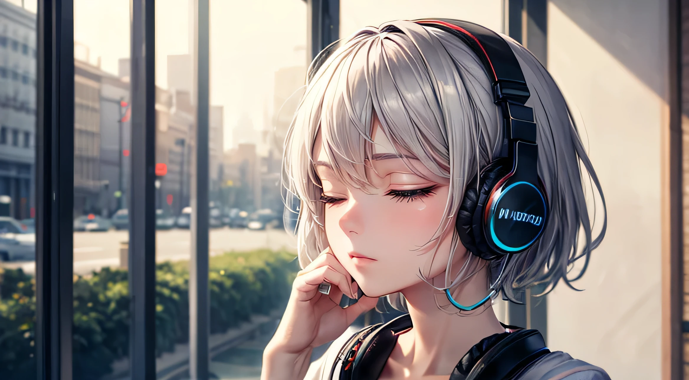 Woman with eyes closed Calm expression Gray Hair Very Short Hair Wearing headphones night moon Perfect facial expression Perfect hair description Depicting the upper body