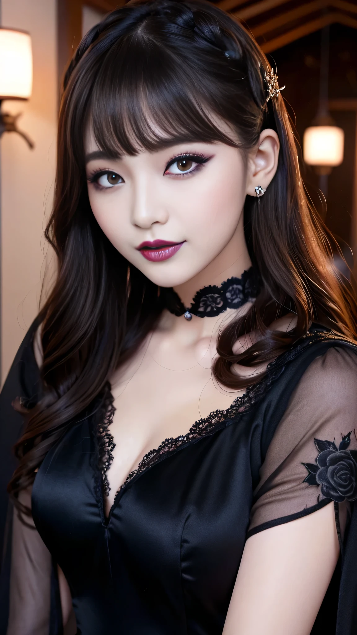best quality、ultra-detailed、4k、Japanese、Seductive beauty、seductive adult woman、Pretty Woman、cool girl、Villainess、Brainwashed、brainwash、Fallen into evil、smirk、Evil look、Wicked Smile、evil、Brown hair、wavy hair、swept bangs、dark makeup、dark makeup、piercing eyes、hollow eyes,half-closed eyes、Hollow Eyes、Purple Eyeshadow、black lipstick、black lipglos、Long Black Cheongsam、Wide sleeves、night、inside church、makeup brush、Are standing、Rose tattoo、