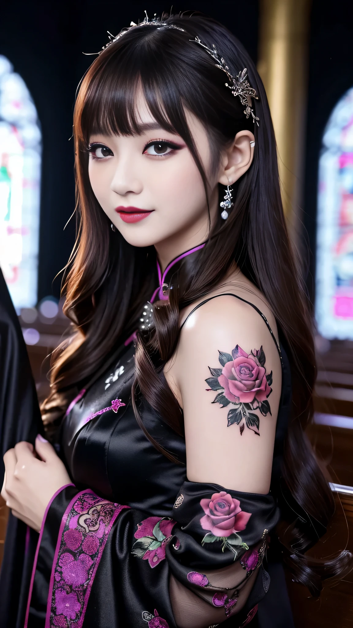 best quality、ultra-detailed、4k、Japanese、Seductive beauty、seductive adult woman、Pretty Woman、cool girl、Villainess、Brainwashed、brainwash、Fallen into evil、smirk、Evil look、Wicked Smile、evil、Brown hair、wavy hair、swept bangs、dark makeup、dark makeup、piercing eyes、hollow eyes,half-closed eyes、Hollow Eyes、Purple Eyeshadow、black lipstick、black lipglos、Long Black Cheongsam、Wide sleeves、night、inside church、makeup brush、Are standing、Rose tattoo、
