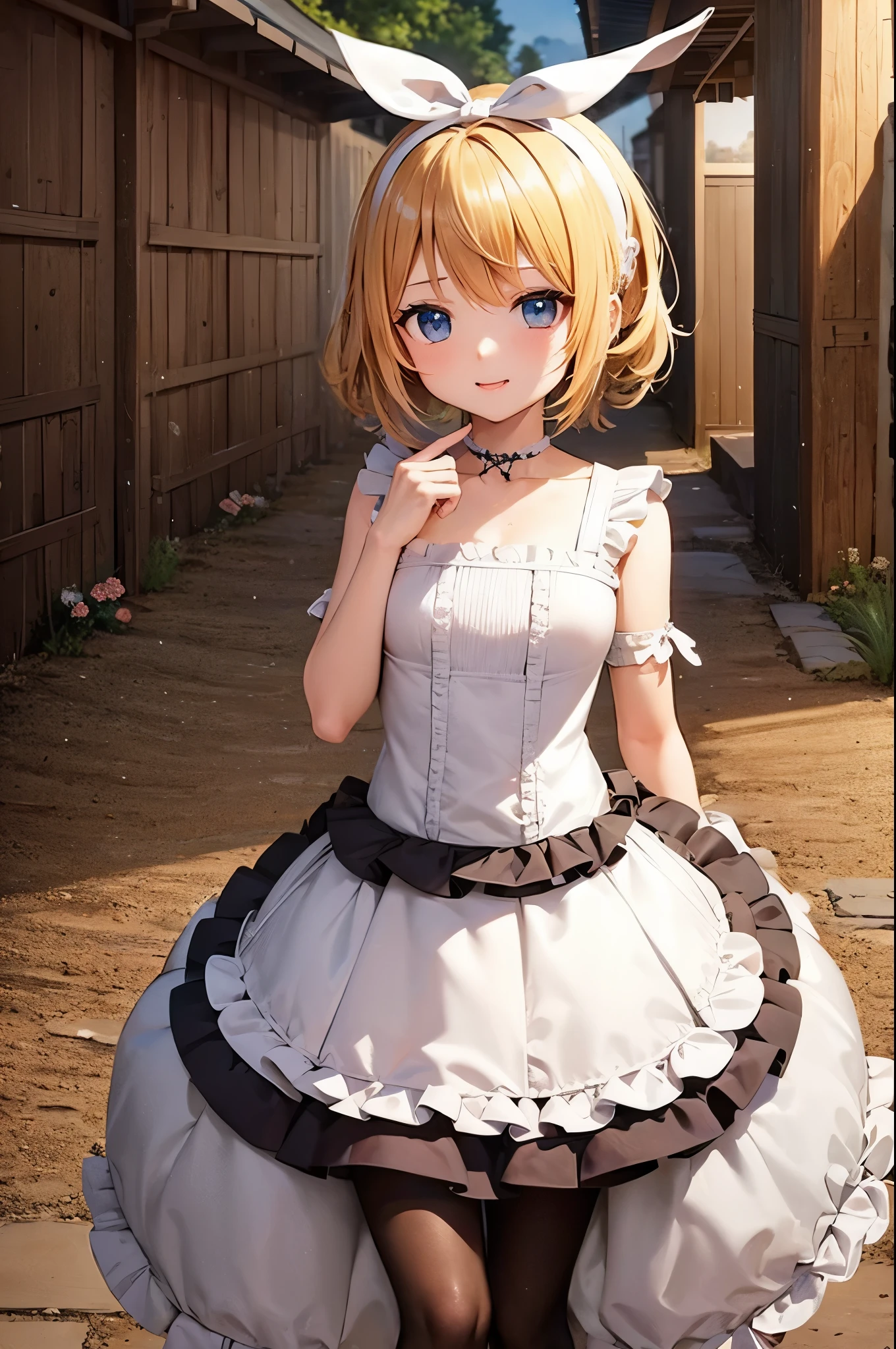 ８K resolution, highest quality,Kagamine Rin、beautiful eyes、Embarrassed、Sweat、Shooting from below、Look down、whole body、short hair、smile、head rest、hands up, elbows on table, face palm, white ribbon, white headband,casual、one piece、Date