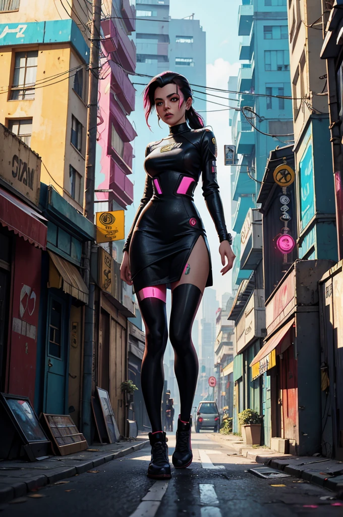 Mulher de 25 anos, com vestido estilo cyberpunk, com fenda, em uma rua de dia a luz do sol. She's on a cyberpunk street.