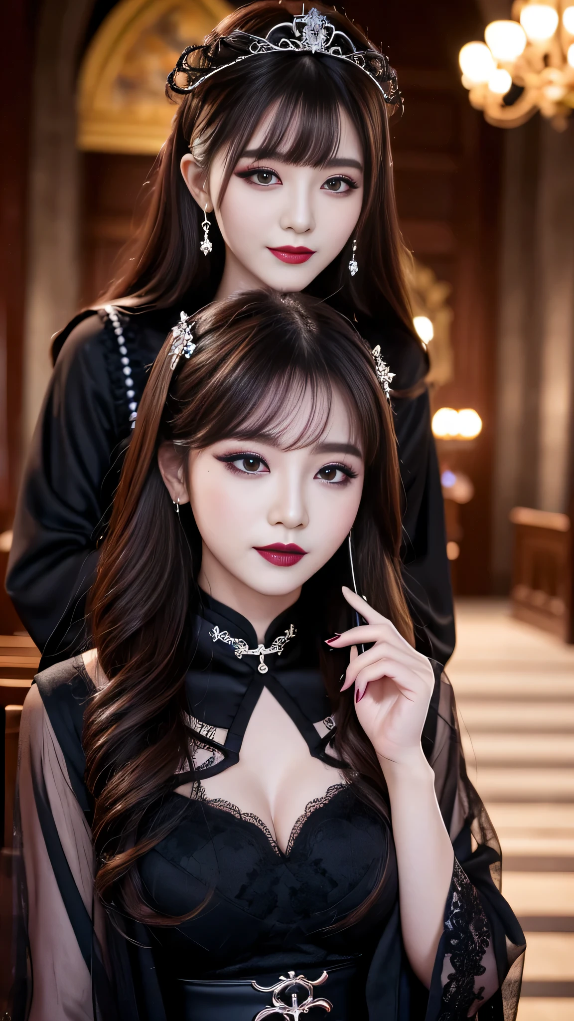 2girls、best quality、ultra-detailed、4k、Japanese、Seductive beauty、seductive adult woman、Pretty Woman、cool girl、Villainess、Brainwashed、brainwash、Fallen into evil、smirk、Evil look、Wicked Smile、evil、Brown hair、wavy hair、swept bangs、dark makeup、dark makeup、piercing eyes、hollow eyes,half-closed eyes、Hollow Eyes、Purple Eyeshadow、black lipstick、black lipglos、Long Black Cheongsam、Wide sleeves、night、inside church、makeup brush、Are standing、Rose tattoo、
