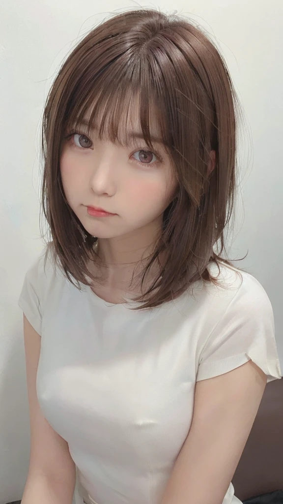 highest quality, Realistic, 8K, High resolution, Full Color, 1 Girl, woman, 20 years old woman, (Closed Mouth:1.73), On a pure white background，With white skin，translucent， View the viewer:1.8, (1 Girlの目は視聴者を見ています:1.55), (Medium Hair, Brown hair, Parted hair:1.45), 