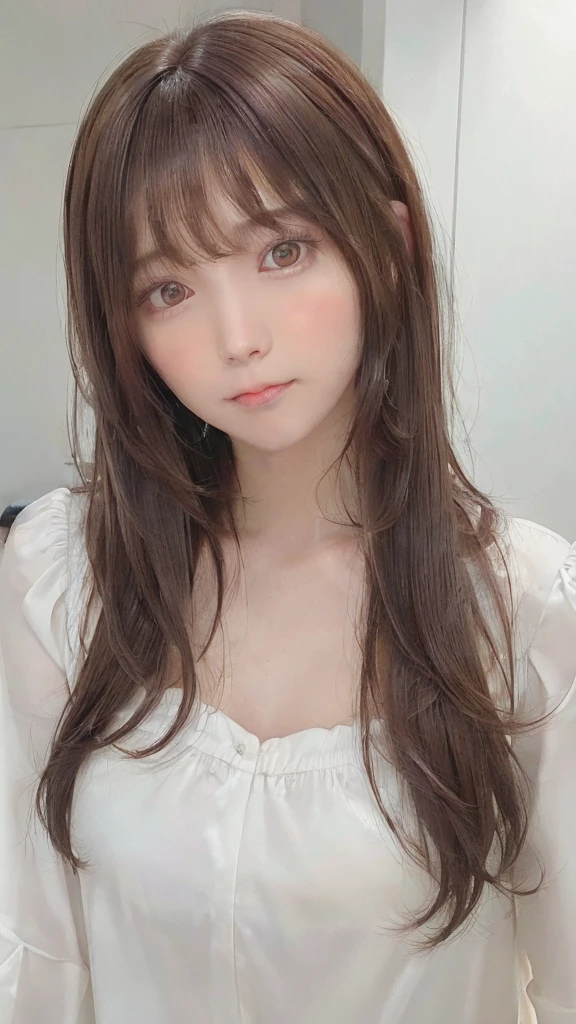 highest quality, Realistic, 8K, High resolution, Full Color, 1 Girl, woman, 20 years old woman, (Closed Mouth:1.73), On a pure white background,With white skin,translucent, View the viewer:1.8, (1 Girlの目は視聴者を見ています:1.55), (Medium Hair, Brown hair, Parted hair:1.45),