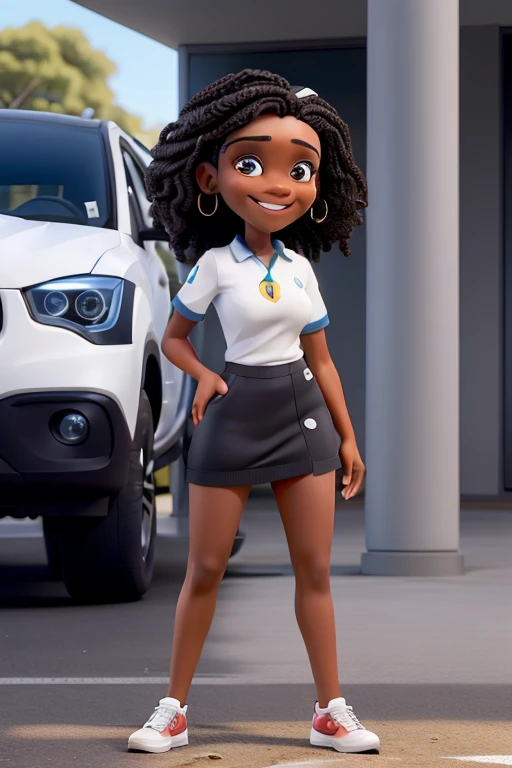 obra de arte, melhor qualidade, uma mulher com cabelo preto que cobre a testa, olhos vermelhos, usando brincos cruzados, carro esportivo em segundo plano, vestido preto, sorriso