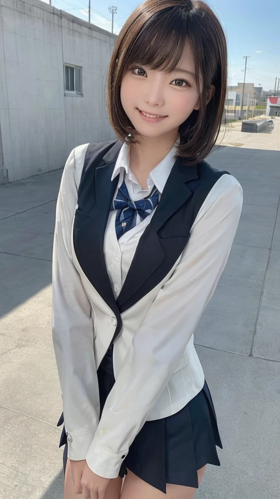 (top-quality,8K picture quality,​masterpiece:1.3),(超A high resolution,Photorealsitic:1.4,Raw photography),(ultra-detailliert,Caustics,Detailed background),(Ultra-realistic capture,Beautifully detailed skin,perfect anatomia),at the sunset,Sunset sky,school buildings,school ground,18year old,kawaii,Single eyelid,Black hair short bob,School Blazer Uniform,Looking at the camera,A smile,Bust-up shot,natural soft light