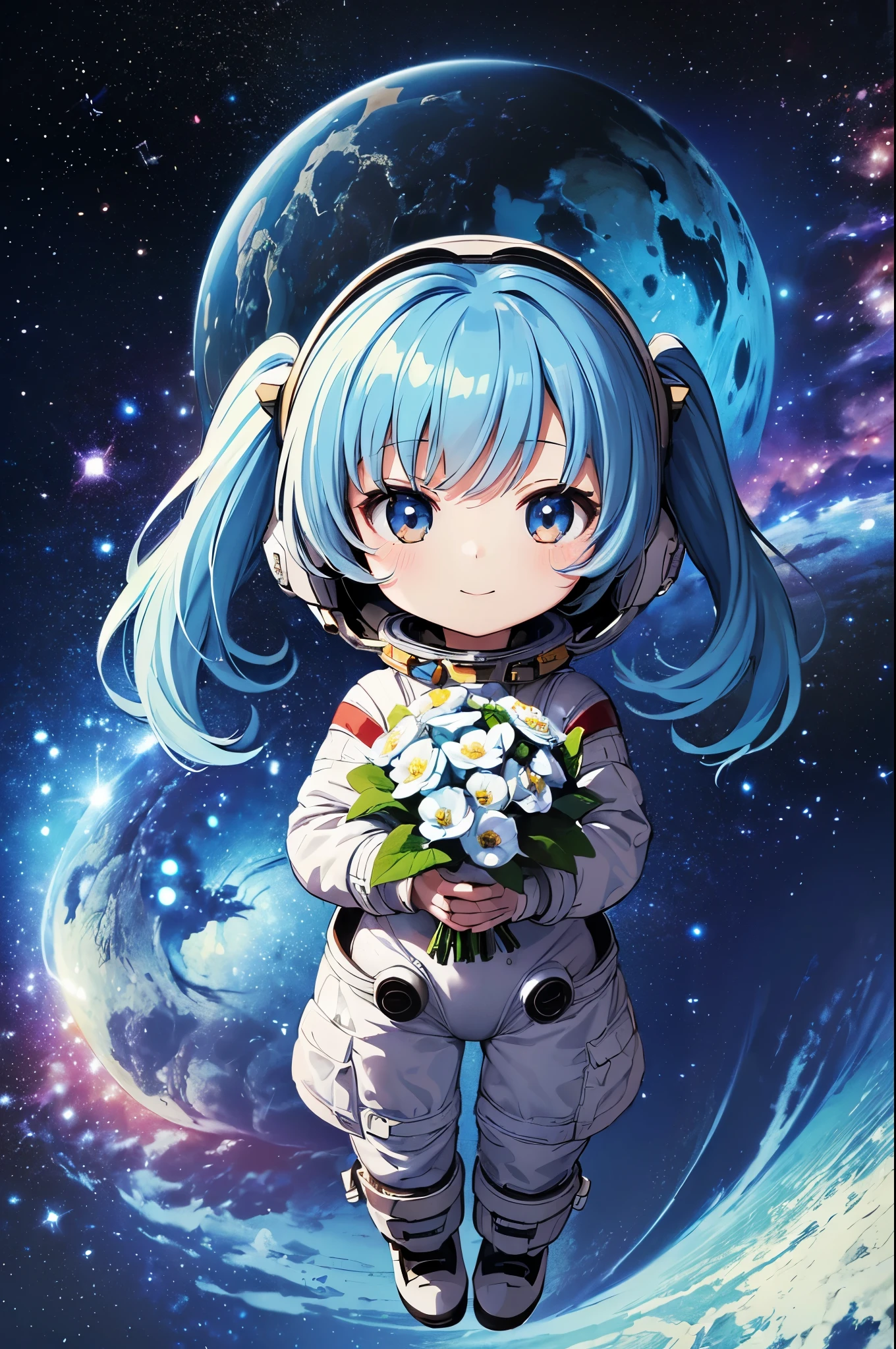 (((masterpiece))), highest quality, Very detailed, anime, (Spacesuit:1.2), (Spacesuit helmet:1.2), (Spacewalk:1.2), (Holding a bouquet:1.2), Pretty dark eyes、smile、(((girl))), (((alone))), Happy, whole body, (((Deformed))), (((Chibi Character))),  (space background), (milky way)、Light blue long hair、Twin tails