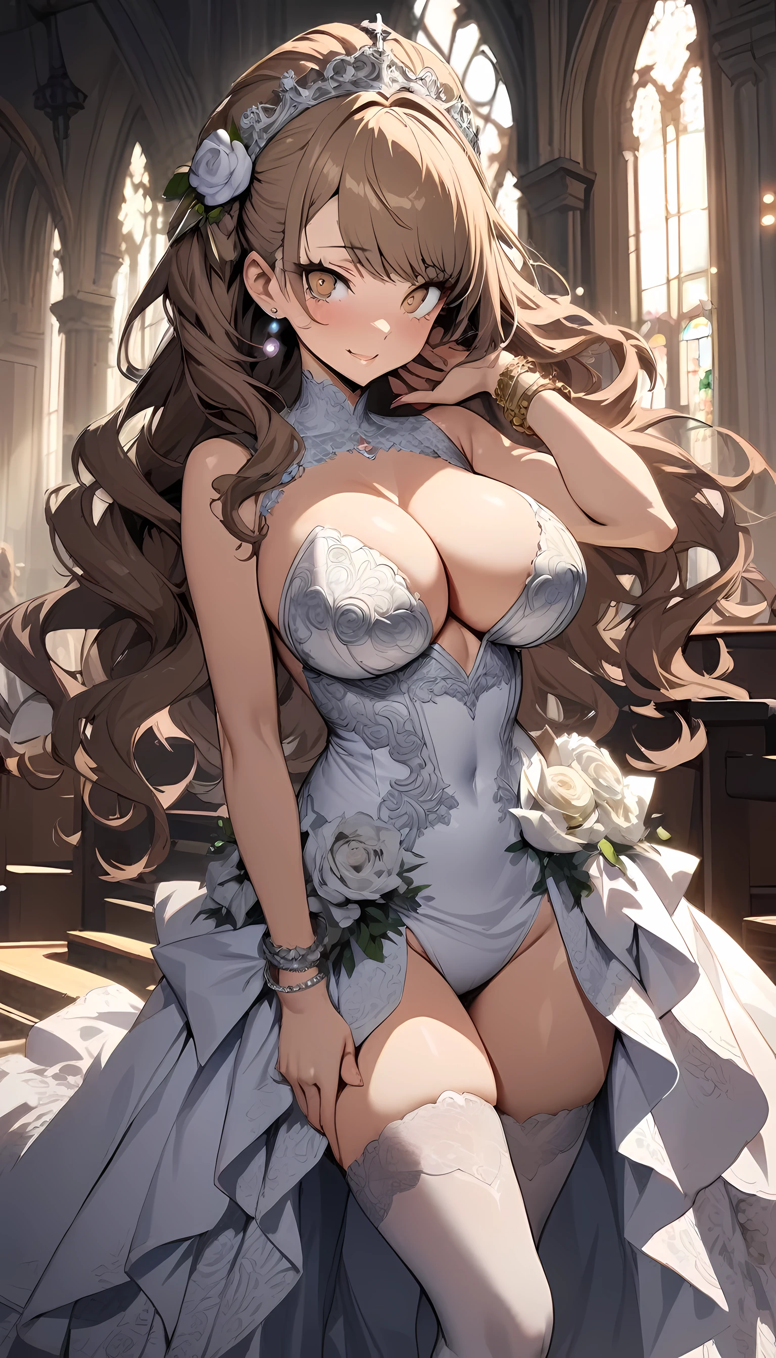 (masterpiece), best quality, expressive eyes, perfect face,1girl,rise kujikawa_(persona 4),hair flower,(ornate wedding dress:1.4),(big breasts),pink pearl earrings,thighhigh heels,church,light brown hair,wavy hair,cleavage,looking at viewer,smiles,bracelets, bangles, eyeshadows, eye liner,glistening eyes, hyper detailed eyes, intricate eyes, beautiful eye, brown eyes,standing,seductive pose,full-body shot