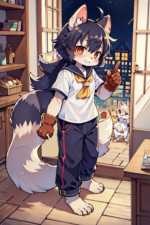 Scalpel, Raccoon, Furry, Beastman, Animal hair, tail, Sailor suit, Short sleeve, Jersey pants, Long trousers, gloves, barefoot