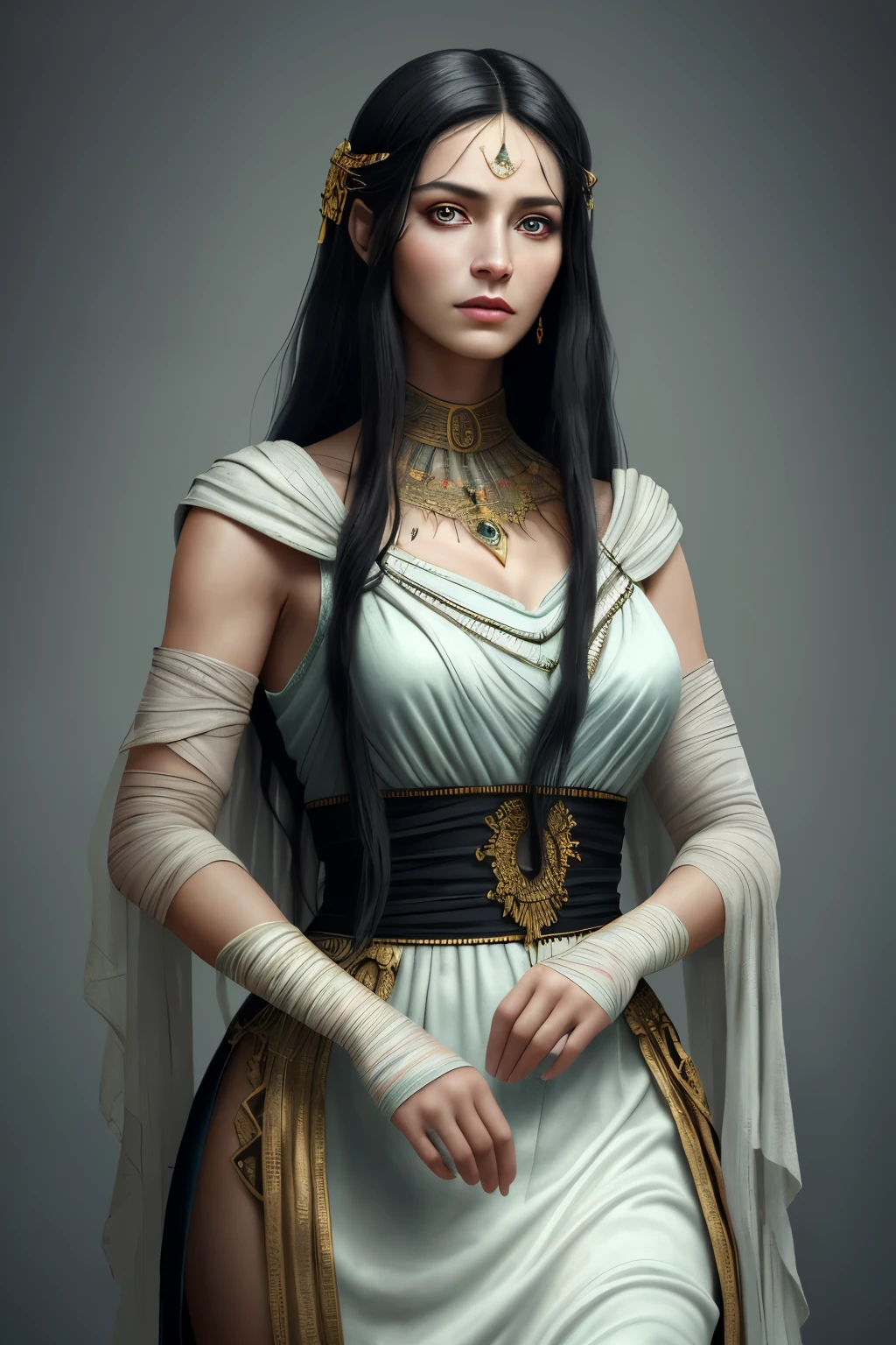 (highres,masterpiece:1.2),ultra-detailed,realistic,beautiful woman,mummy outfit cosplay,plain background,vibrant colors,vivid eyes,luscious lips,mysterious aura,flowing black hair,highly-detailed costume,wrinkled bandages,tattered cloth,ancient jewelry,regal posture,fierce gaze,soft lighting,ethereal atmosphere,subtle shadows,delicate features,captivating expression,sublime beauty,artistic elegance,photorealistic rendering
