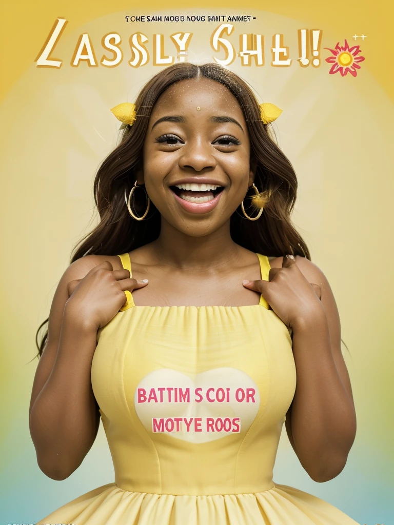 A joyful baptism flyer for Moesha, depicted as a ray of sunshine. Include a photo of Moesha laughing heartily in a yellow dress. Colors: yellow, orange, green. Fonts: a rounded, cheerful font for the name 'Moesha', and a simpler font for the rest of the text. The image should have true skin tones and be ultra-realistic, real text.