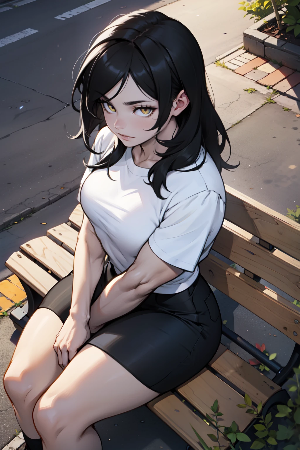 a muscular woman with sitting on a park bench at night by herself black hair yellow eyes pale skin from above