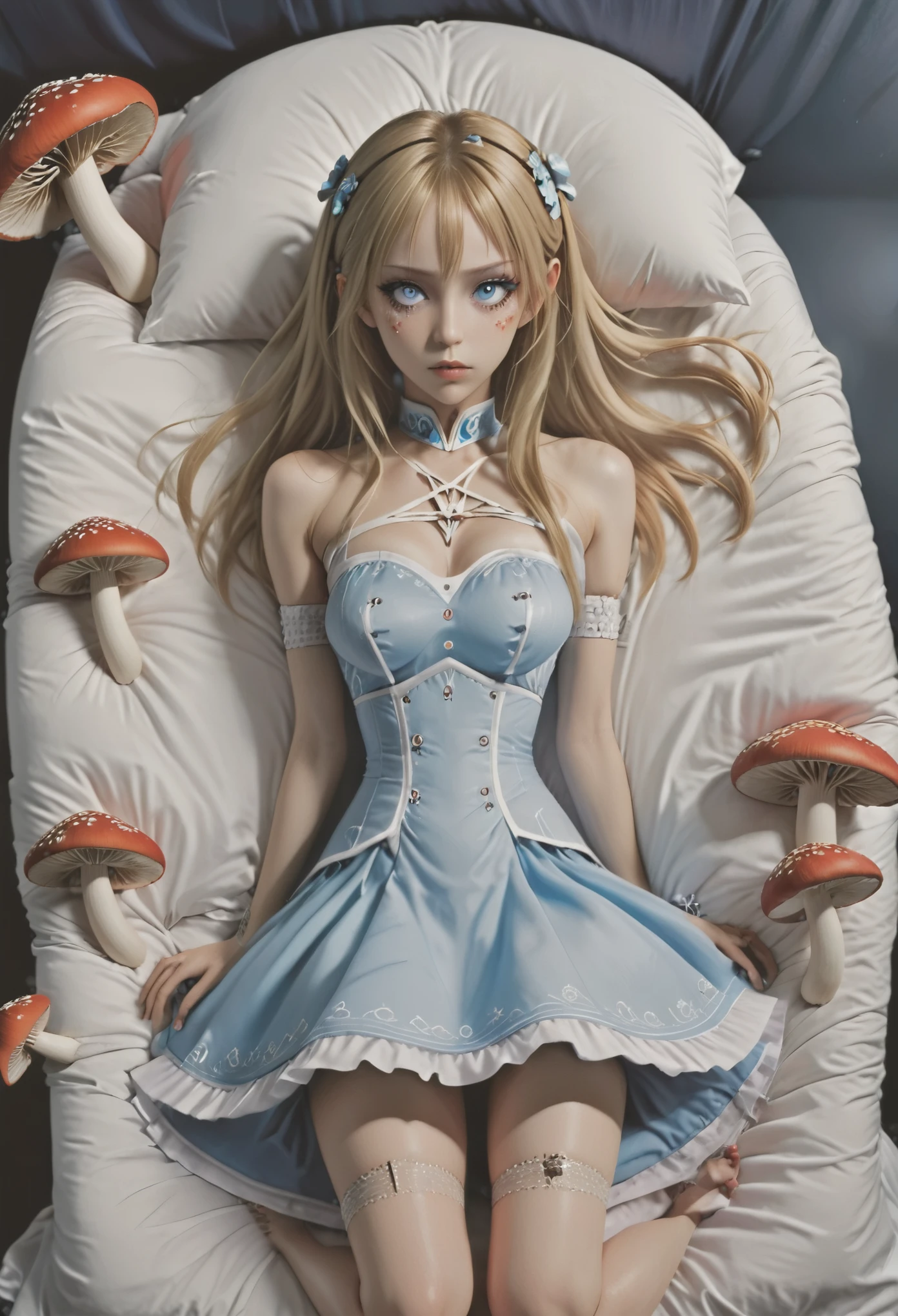 Obra maestra, Asuna, con sus ernormes ojos estilo anime, is  a sexy Alice in Wonderland with blonde hair, (vestido azul claro con delantal blanco:1.2), (medias blancas:1.2), escote, Dynamic, ultra high definition, 32K, (perfect anatomy:1.5), piernas perfectas, al estilo de Artgerm y Adam Hughes, lying in bed between red sheets embroidered with clocks and fantastic mushrooms.