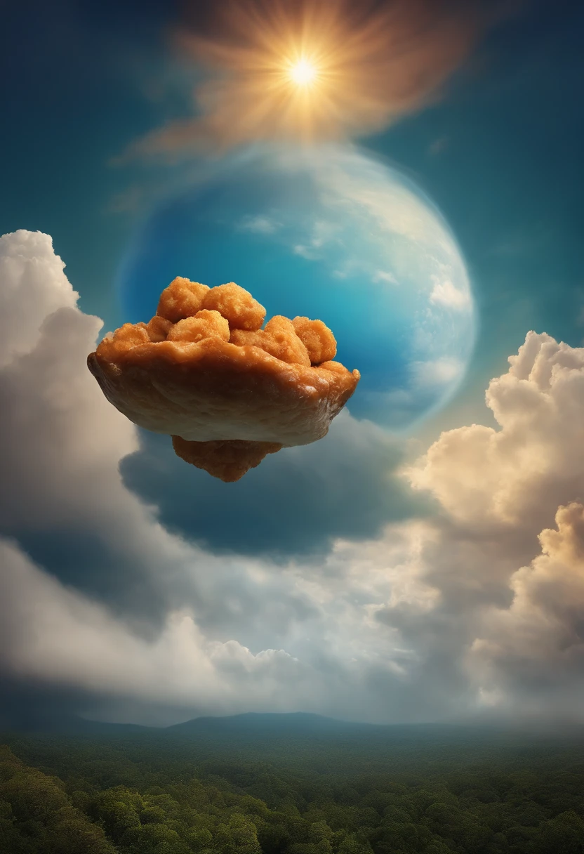 A big chicken nugget on a cloud floating in the sky Fantasy