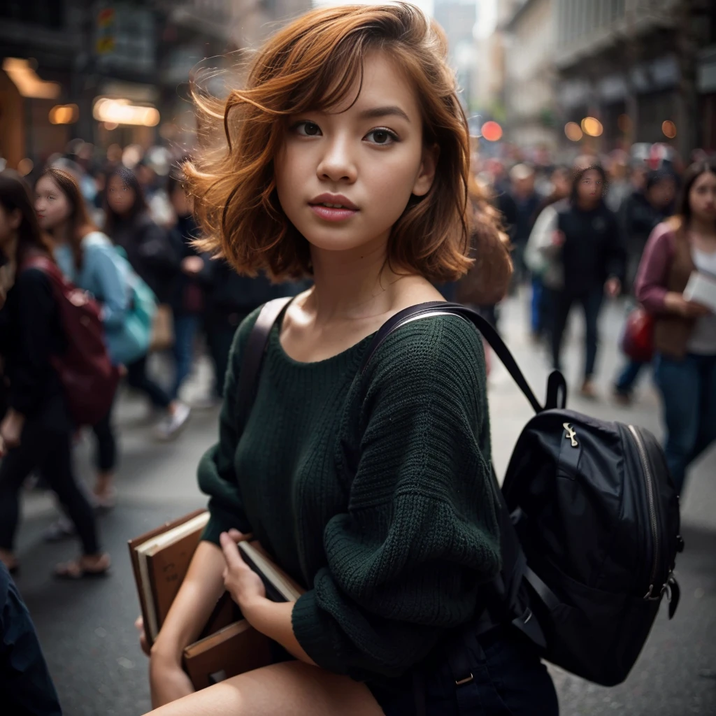 (strong chiaroscuro:1.2), half-body shot of a ginger girl,1 girl, asian features, beautiful detailed eyes, beautiful lips, extremely detailed eyes and face, dynamic pose, expressive facial expression, stylish, dark green knitted sweater, black short pants with a backpack, holding some books, ultra-realistic, high def, studio lighting, vivid colors, blurred crowded people and buildings in the background