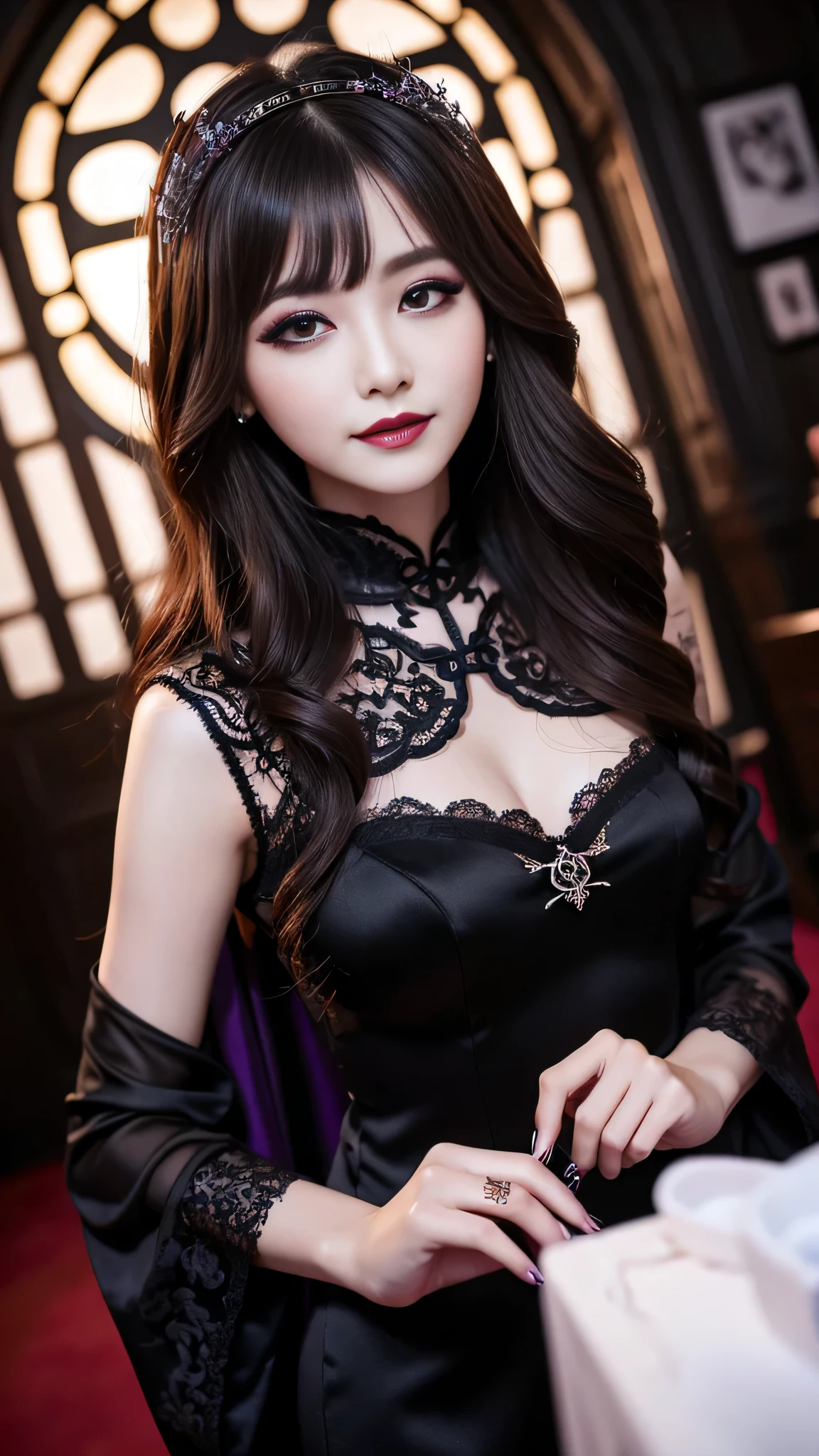 2girls、best quality、ultra-detailed、4k、Japanese、Seductive beauty、seductive adult woman、Pretty Woman、cool girl、Villainess、Brainwashed、brainwash、Fallen into evil、smirk、Evil look、Wicked Smile、evil、Brown hair、wavy hair、swept bangs、dark makeup、dark makeup、piercing eyes、hollow eyes,half-closed eyes、Hollow Eyes、Purple Eyeshadow、black lipstick、black lipglos、Long Black Cheongsam、Wide sleeves、night、inside church、makeup brush、Are standing、Rose tattoo、