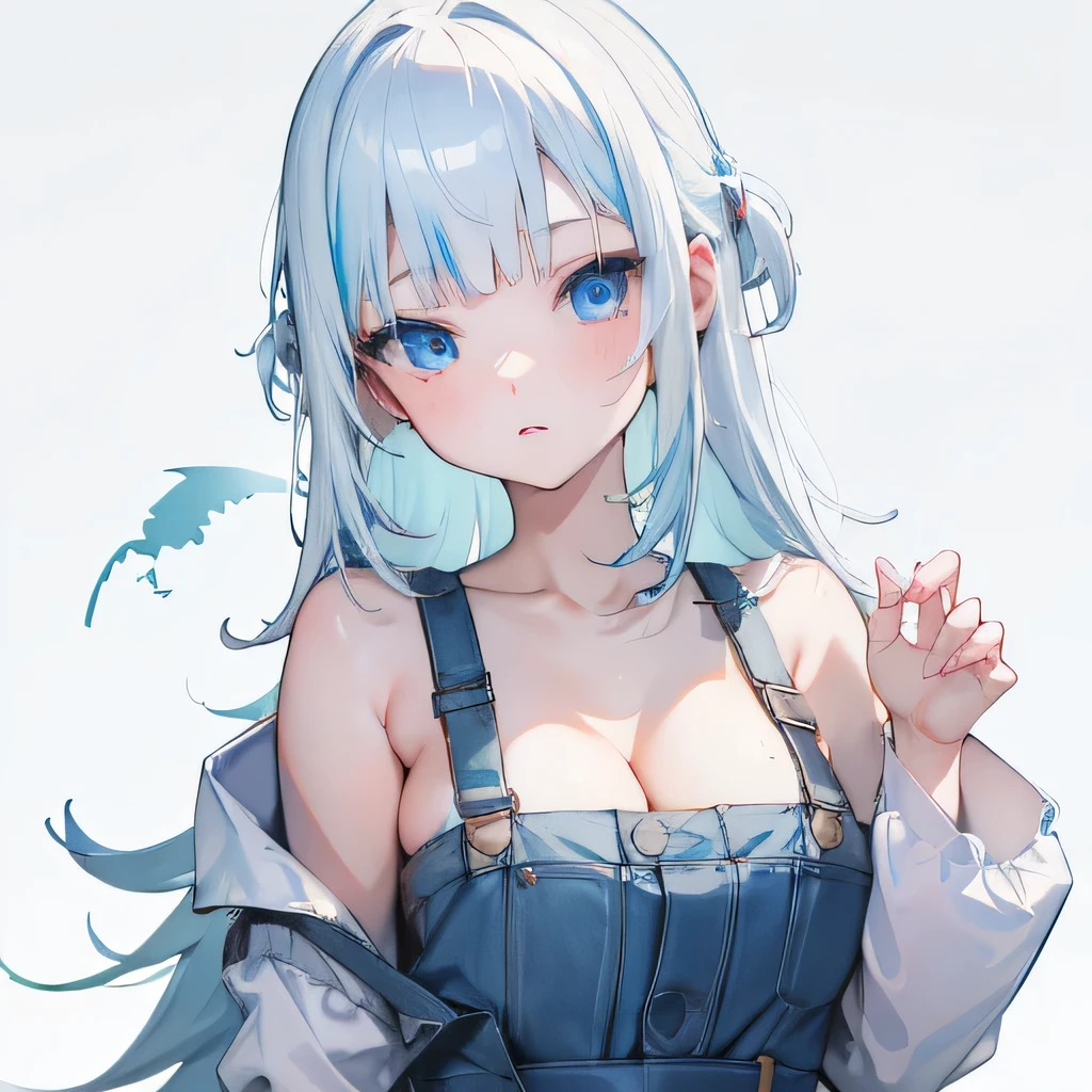 Girl, light blue and white hair, pale, lips, white soaked shirt, straight hair, bangs, light blue eyes, confident, sharp teeth, cleavage, feminine, shark accessories, overall, white background, cute